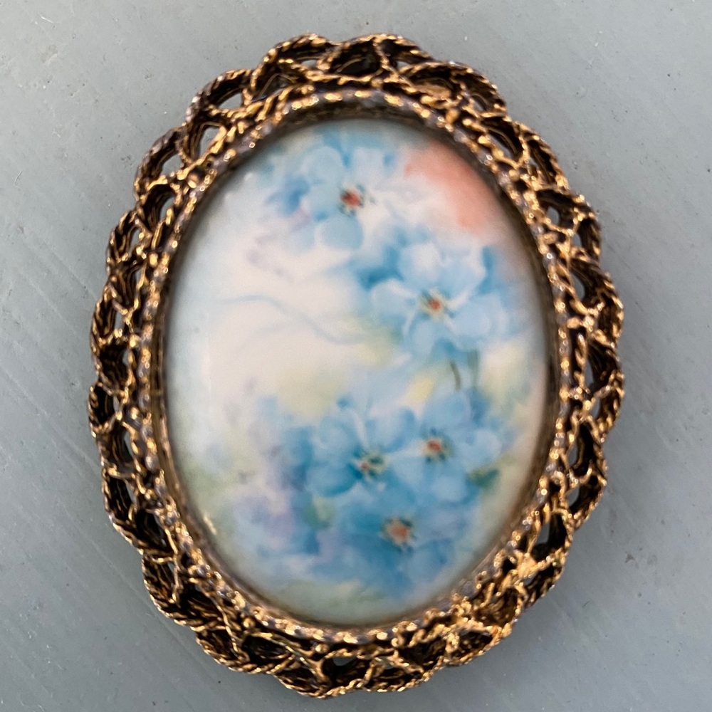 Vintage Hand Painted Porcelain Brooch / Pendant Blue Florals. Gold Finish.